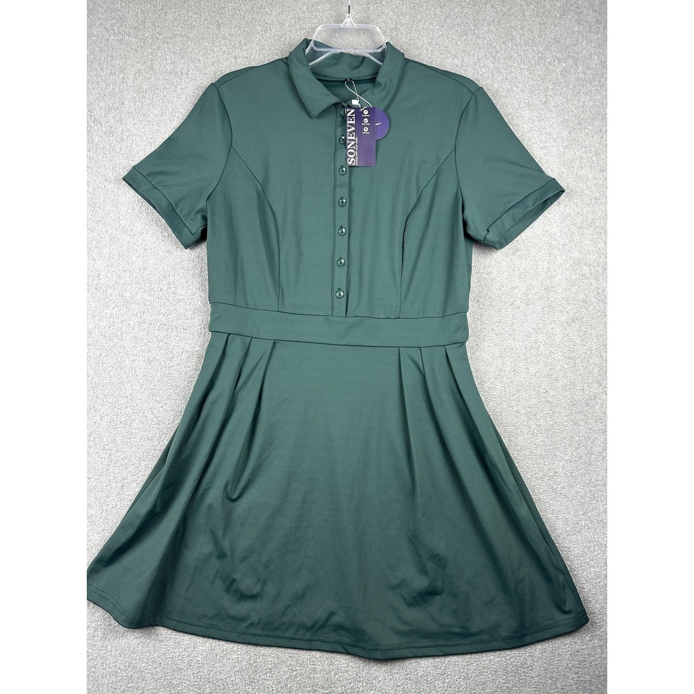 SONEVEN Dress Womens Large Green Polo Golf Skater Short Sleeve Stretchy Athletic